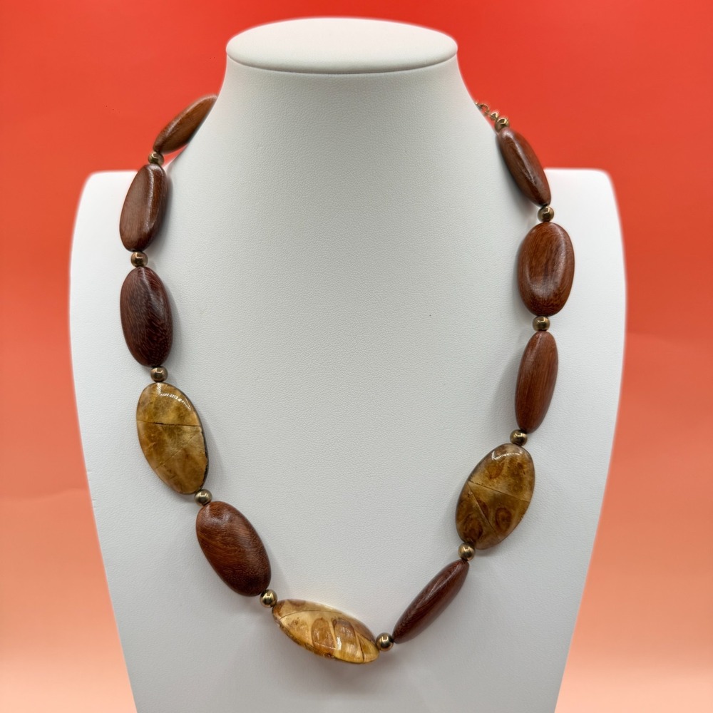 Brown Wood Amber Tone Beaded Necklace Boho Chunky Statement Vintage Jewelry